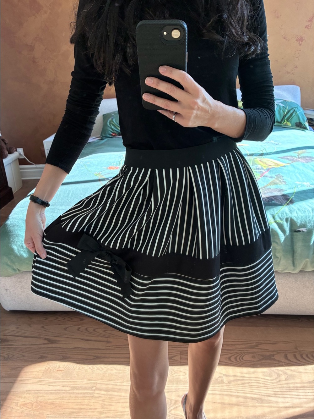 Rinascimento Black and White Striped Skater Skirt with Bow
